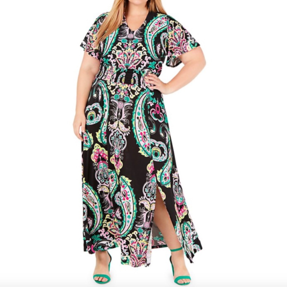 (NWT) INC Women's Plus Size 0X Black Paisley Smocked V-Neck Maxi Dress
